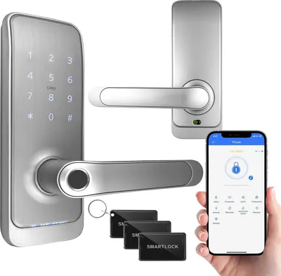 Image de EURA ELH-01H4 Serrure de porte intelligente avec poignée, serrure à code, lecteur de proximité 13,56 MHz, lecteur biométrique, app TTLock/TTHotel, IP65, distance universelle du pêne, blanc