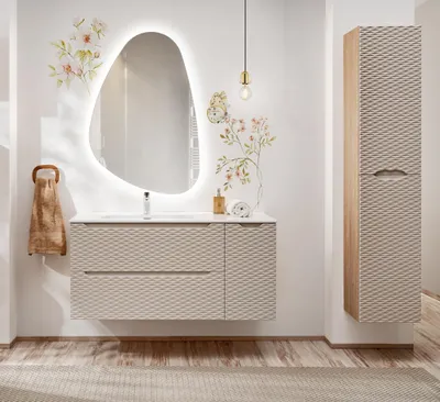 Productafbeelding van Badmeubelset 4-delig, badkamerinrichting LAXY, eikenhout, beige, met plank aan de rechterkant, inclusief wastafel