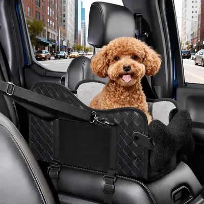 Produktbild von Hundeautositz für kleine Hunde, Hundesitz für die Mittelkonsole mit Sicherheitsgurt, Verstellbarem Kissen, Tragbares Hundebett für kleine Haustiere