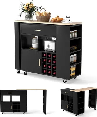 Produktbild von GOPLUS Kücheninsel mit Bartisch, Küchenwagen mit drehbarer Tischplatte, Regalen, Weinregal, Servierwagen mit Rädern, 120 × 40 × 100 cm (Schwarz)