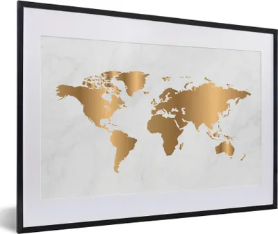 Produktbild von MuchoWow® Gerahmtes Poster Weltkarte - Gold - Marmoroptik - Luxus - Design 60x40 cm - Poster mit Schwarzem Bilderrahmen Wandposter Rahmen Foto Bilder - Schlafzimmer - Plakat in Rahmen - Drucken