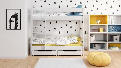 A white bunk bed with yellow accents in a child's room.