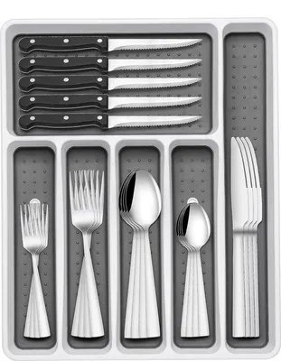 Produktbild von Unyqoos® 36-teiliges Besteckset für 6 Personen, Edelstahl, inkl. 6 Steakmesser & Besteck-Organizer 32 x 40 cm, spülmaschinenfest