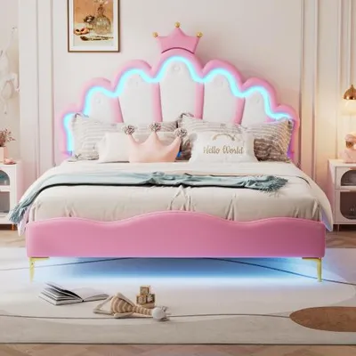 Produktbild von 140*200cm Flaches Doppelbett, kronenförmiges Prinzessinnenbett, weiche Polsterung aus Kunstleder, verstellbarer LED-Umgebungslichtstreifen,Rosa
