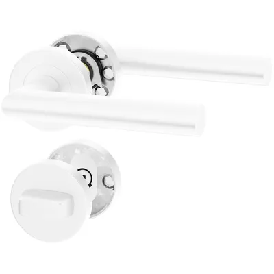 Two white door handles and a white WC lock are shown against a white background.