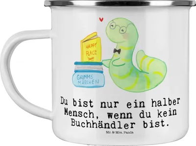Produktbild von Mr. & Mrs. Panda Teebecher Buchhändler Herz - Weiß - Geschenk, Spruch, Pott, Beruf, Emaille Tasse, Bibliothekar, Witzig, Haferl, Buchhandlung, Teetasse, Campingtasse