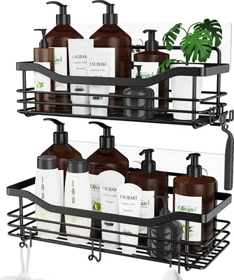 Produktbild von Duschablage ohne Bohren,Edelstahl Duschablage mit 5 Haken,2 Stück, Duschkörbe, Badezimmer Regal Organizer, für Badezimmer, Küchen, Toilette, Schwarz