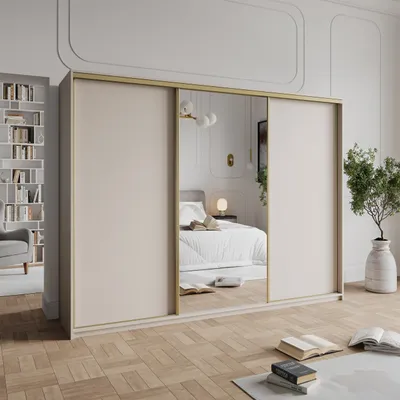 Produktbild von Masseno Schiebetürenschrank TAVI 270/205/60 cm Kleiderschrank mit Schubladen Schlafzimmer Schrank 3-türig mit Spiegel Kaschmir + Gold