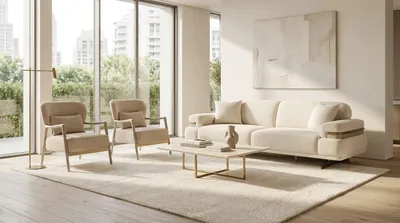 Zdjęcie produktu dla Komplet wypoczynkowy do salonu: 2 fotele, 3-osobowa sofa. Styl: nowoczesny, minimalistyczny, Obraz wygenerowany przez AI