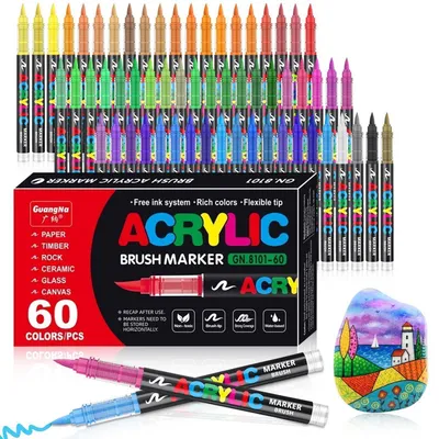 Image de Jeu de 60 stylos à peinture acrylique, résistants à l'eau, avec embout pinceau de 1 à 6 mm, pour utilisation sur pierre, verre, bois, céramique, métal et toile