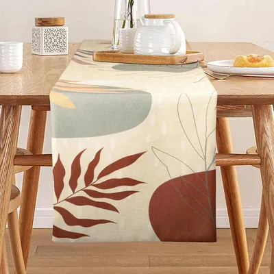 Immagine prodotto di Runner da tavolo in lino rosa, stile boho, motivo foglie, 33 x 183 cm, lavabile, design moderno
