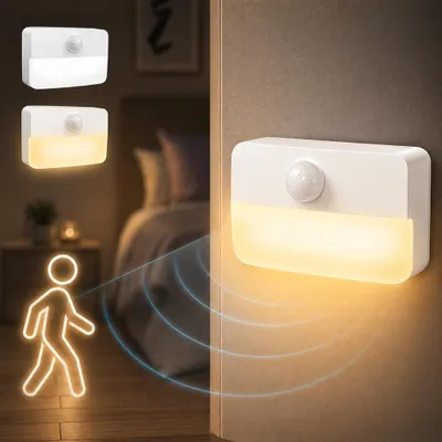 Produktbild von 1er LED Nachtlicht mit Bewegungsmelder Innen, Warmweiß 3000K Unterbauleuchte Batterriebetrieben, Kabellose Sensor-Licht für Schrank Treppe Küche