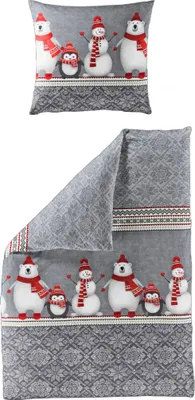 Produktbild von JACK by Bierbaum Biber Bettwäsche 2 tlg. 135x200cm Winterfamilie Schneemann Pinguin Eisbär Grau Rot