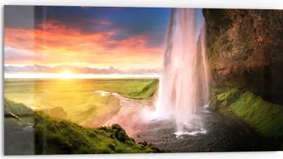Produktbild von DEQORI Küchenrückwand Glas 80x40 cm 'Seljalandsfoss Wasserfall' Spritzschutz Bad Rückwand