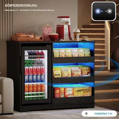 Produktbild von BROTTAR 39" Barschrank Schwarz mit 92L Kühlschrank, 3-Farben-LED und 3 offenen Fächern, Snackschrank für Heimkino, Gaming und Wohnzimmer, Schwarz
