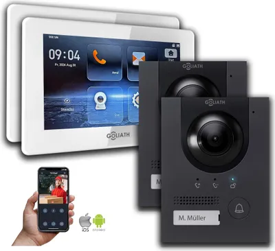 Produktbild von Goliath IP Hybrid Video Gegensprechanlage 2x Außenstation mit Kamera 7 Zoll Anthrazit : Aufputzdose : 7 Zoll in Weiß : 2 Monitore Monitor Anzahl: 2 Monitore Monitor Auswahl: 7 Zoll in Weiß Türklingel Montagedose: Aufputzdose