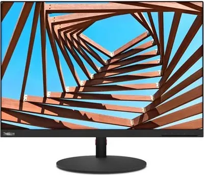 A computer monitor displaying a geometric wooden structure against a blue sky.