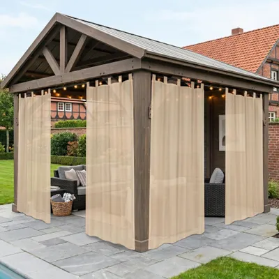 Produktbild von 2er Set Outdoor Halbtransparent Vorhänge Wasserdicht Wetterfest Vorhang Gardinen für Außen Balkon Terrasse Hof Garten, B132xH244cm, Khaki