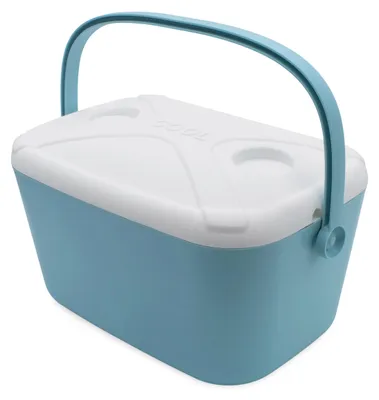 A blue and white cooler box with a handle.