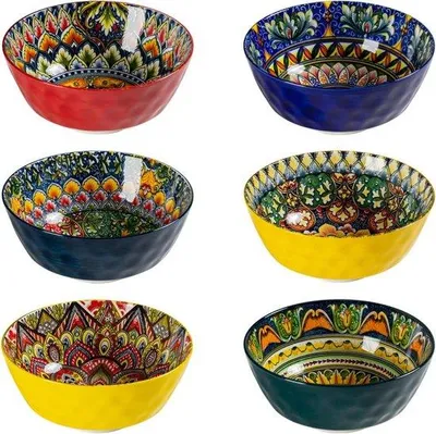 Image de Coupes à dessert en céramique - Lot de 6 pièces, vaisselle colorée pour les sauces, la salade, le muesli, les cornflakes, le petit-déjeuner - 360 ml, style bohème