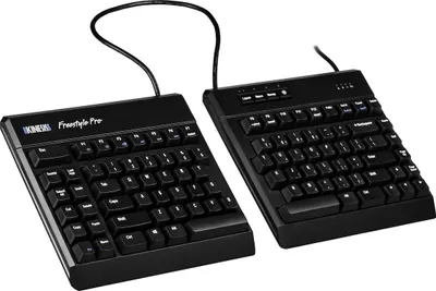 A split keyboard with two separate halves connected by a cable, shown on a white background.