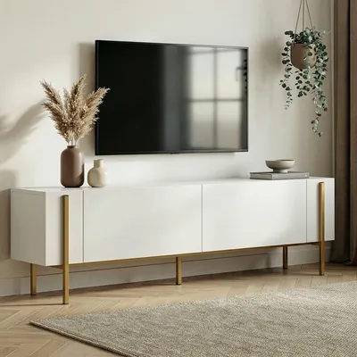 Immagine prodotto di Skye Decor, mobile TV di alta qualità, 180 x 30 x 45 cm, bianco e oro | Pannello truciolare rivestito al 100% in melamina, spessore 18 mm | Gambe in metallo, design moderno per la tua casa.