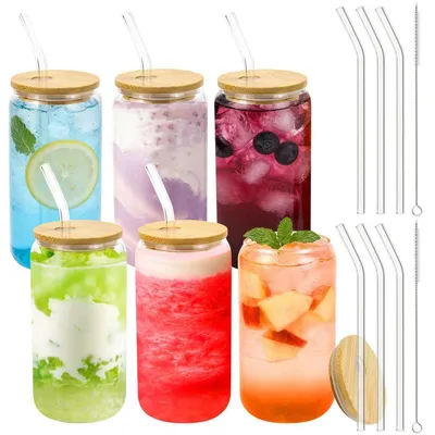 Productafbeelding van Set van 6 drinkglazen met deksel en rietje, 500 ml, gemaakt van borosilicaatglas, met bamboe deksel