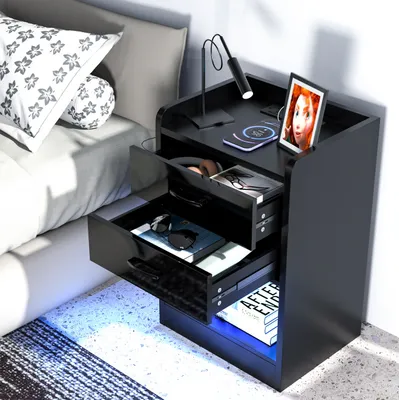 Produktbild von LED Nachttisch mit Steckdose & USB,Nachttisch Hochglanz mit 2 Schubladen,Nachtschrank Bettschrank,Kommode Schlafzimmer Möbel 40x35x65cm Schwarz