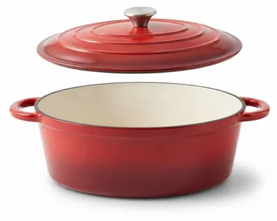 Produktbild von Emaillierter Gusseisen Bräter 3,5 L oval mit Deckel – Schmortopf, Bratentopf & Cocotte in Rot – für saftige Schmorgerichte, Fleisch, Geflügel & Gemüse