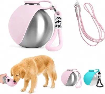Imagen del producto de Botella de agua para mascotas 2 en 1, de 285 ml, de acero inoxidable, con correa para llevar, ideal para paseos