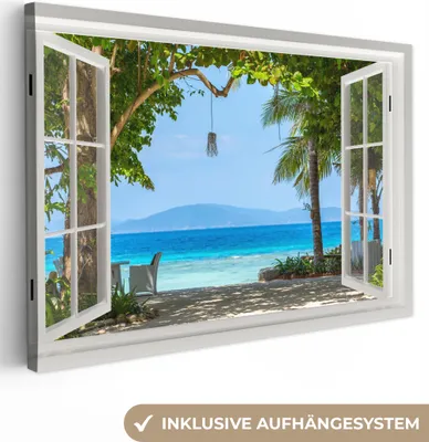 Produktbild von Leinwand Bilder 30x20 cm - Fensterblick - Baum - Meer - Palme - Hügel - Strand, Bilder, Wanddeko, Wandbilder Wohnzimmer