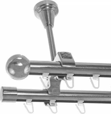 Produktbild von Innenlauf Gardinenstange Edelstahl Look, Durchmesser 20mm, Deckenträger D61II, 2-läufig, Länge 160, Endkappe E33
