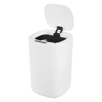 A white automatic trash can with its lid open, shown against a white background.