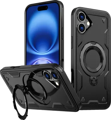 Immagine prodotto di Custodia a doppio strato per iPhone 16, custodia protettiva militare magnetica con anello in metallo e supporto Nero