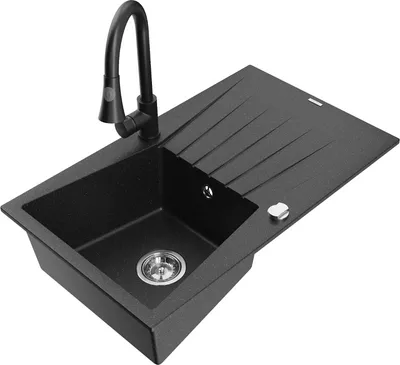 Produktbild von Mexen Cesar 1 Becken-Granitspüle mit Abtropffläche und Mischbatterie Elia, Schwarz/Silbermetallic - 6514-73-670101-70