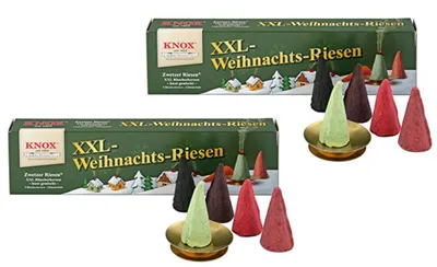 Produktbild von KNOX 2er Set Räucherkerzen XXL Winterriesen (Tanne/Weihrauch/Sandel/Gebr. Mandel/Weihnacht) - Inhalt jeweils 5 Stück, inkl. Glimmschale - 071598