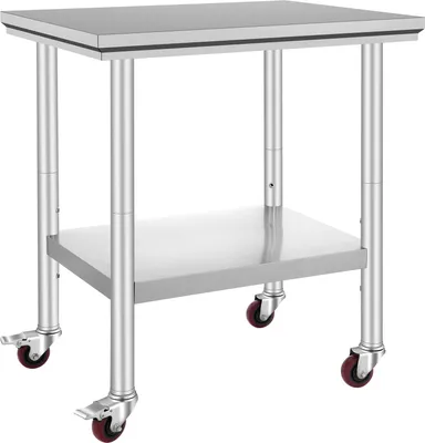 Zdjęcie produktu dla Stół roboczy ze stali nierdzewnej SucceBuy 30 x 24 x 33 cale, nośność 700 LBS, 4 kółka, regulowana wysokość, wytrzymały stół do przygotowywania żywności dla kuchni komercyjnych, srebrny