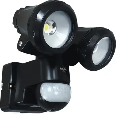 A black LED outdoor wall light with a motion sensor, shown against a white background.