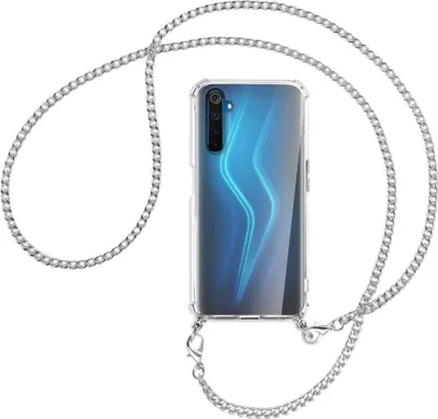 Produktbild von Handykette Backcover-Schutzhülle mit Band (Metall silberfarben) für Realme 6 Pro - silberfarbene Kette