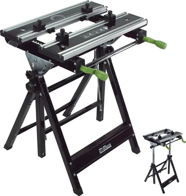 A black folding workbench with silver and green accents, shown against a white background. A smaller inset image shows the workbench at a lower height.
