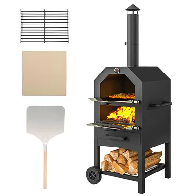Produktbild von 2-in-1 Outdoor Pizzaofen, mit Pizzastein, Aschefach, 2x Grillrost, Thermometer, rostfrei, Schwarz