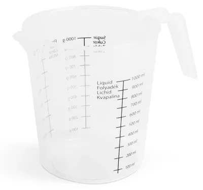 Produktbild von Messbecher mit Ausguss, 1 Liter für Flüssigkeiten, 1000g Zucker, 700g Mehl, 13 cm hoch