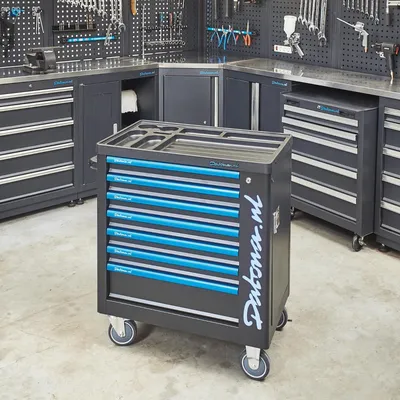 Produktbild von Bestückter Werkzeugwagen 7 Schubladen - 5 bestückt + 171-teiliges Set und LED-Logo