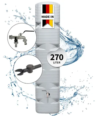 Produktbild von 4rain QUADRO Regentonne Wandtank Komplett-Set 270 Liter betongrau inkl. Chrom-Doppelauslaufhahn und Fallrohranschluss