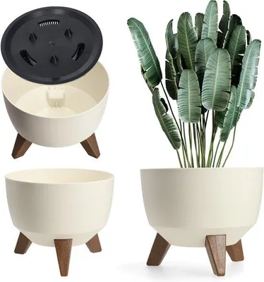 Productafbeelding van Famanu bloempot van kunststof met drie inzetstukken - ronde bloempotten, plantbakken voor balkon of woonkamer - diameter 33 cm, crème kleur