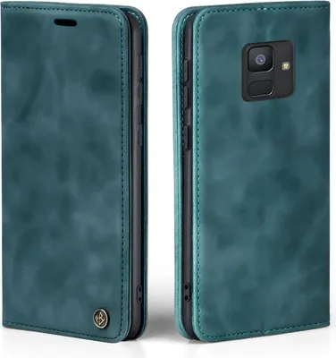 A teal flip case for a smartphone is shown from two angles, front and back.
