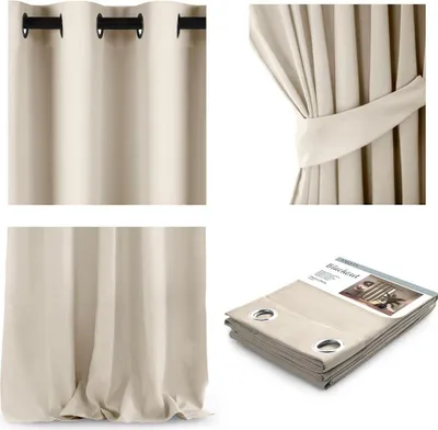 Collage of images showing different views of cream-colored blackout curtains, including a close-up of the grommets, a tie-back detail, a full view of the draped fabric, and a folded stack of curtains with packaging.