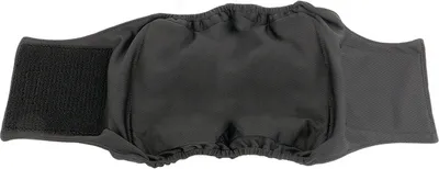 A black dog diaper is laid out flat against a white background.