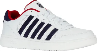 A white K-Swiss sneaker with navy blue stripes and red accents.