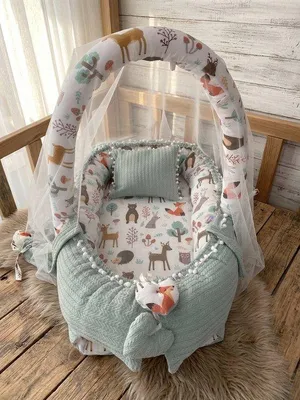Image de Nid pour bébé avec moustiquaire et arche de jeu, en coton, motif forêt, 90 x 50 cm